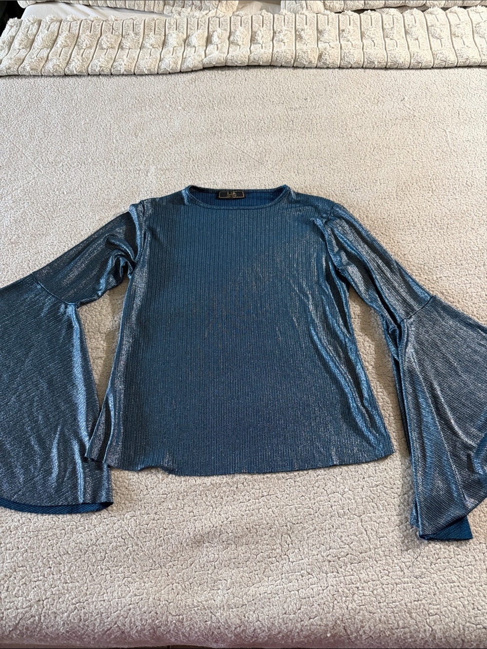 Lucky & Blessed Shimmery Teal Bell-Sleeve Blouse Medium